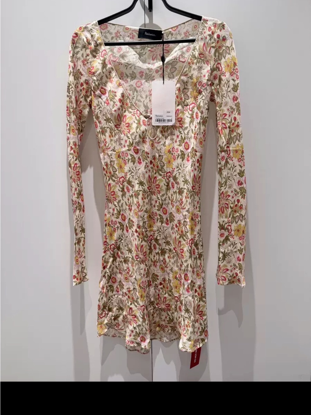Reformation Cream Floral V-Neck Long Sleeve Mini Dress